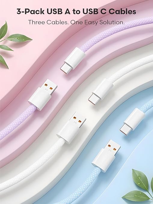 3 Pack 10FT USB A to USB C Fast Charging Cable 3A for iPhone Samsung Android CarPlay