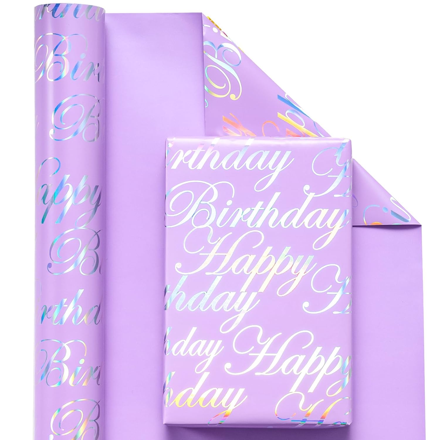 30 Inch Reversible Birthday Wrapping Paper - 30 Inch X 33 Feet - Puprle And Silver Foil Happy Birthday Wrapping Paper For Girls, Women, Kids, Baby Shower