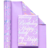 30 Inch Reversible Birthday Wrapping Paper - 30 Inch X 33 Feet - Puprle And Silver Foil Happy Birthday Wrapping Paper For Girls, Women, Kids, Baby Shower