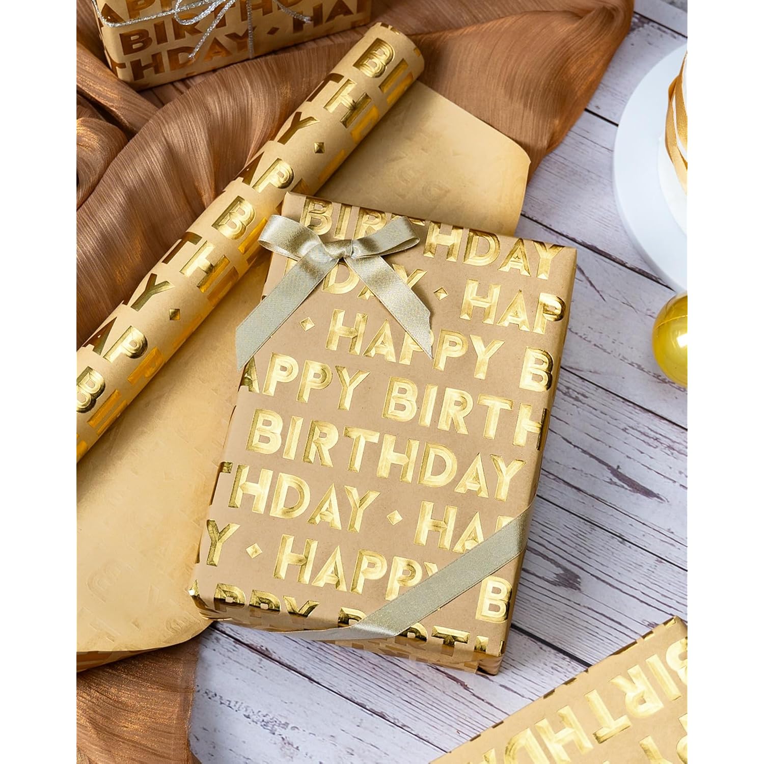 3D Kraft Birthday Wrapping Paper Roll - Mini Roll - 17 Inch X 16.5 Feet - Happy Birthday Letters With Gold Metallic Foil Shine Gift Wrap For Boys Girls Baby Shower