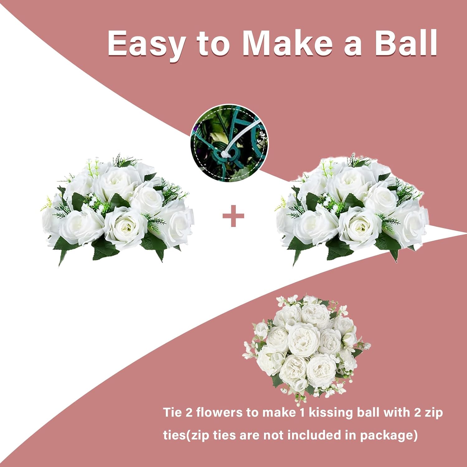 Artificial Flowers Ball Wedding Centerpieces, 10" Large Pure White Flower Garland Center Piece, 10 Pcs Fake Flowers, 15 Heads Plastic Roses With Base, Silk Flowers For Party, Home Décor