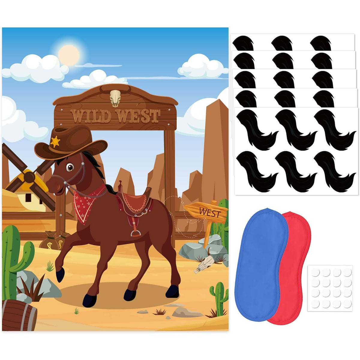 Pin The Tail On The Horse Party Game With 30 Tail Stickers, Large Western Wild West Horse Cowboy Poster, Birthday Carnival Party Decorations And Western Theme Party Supplies