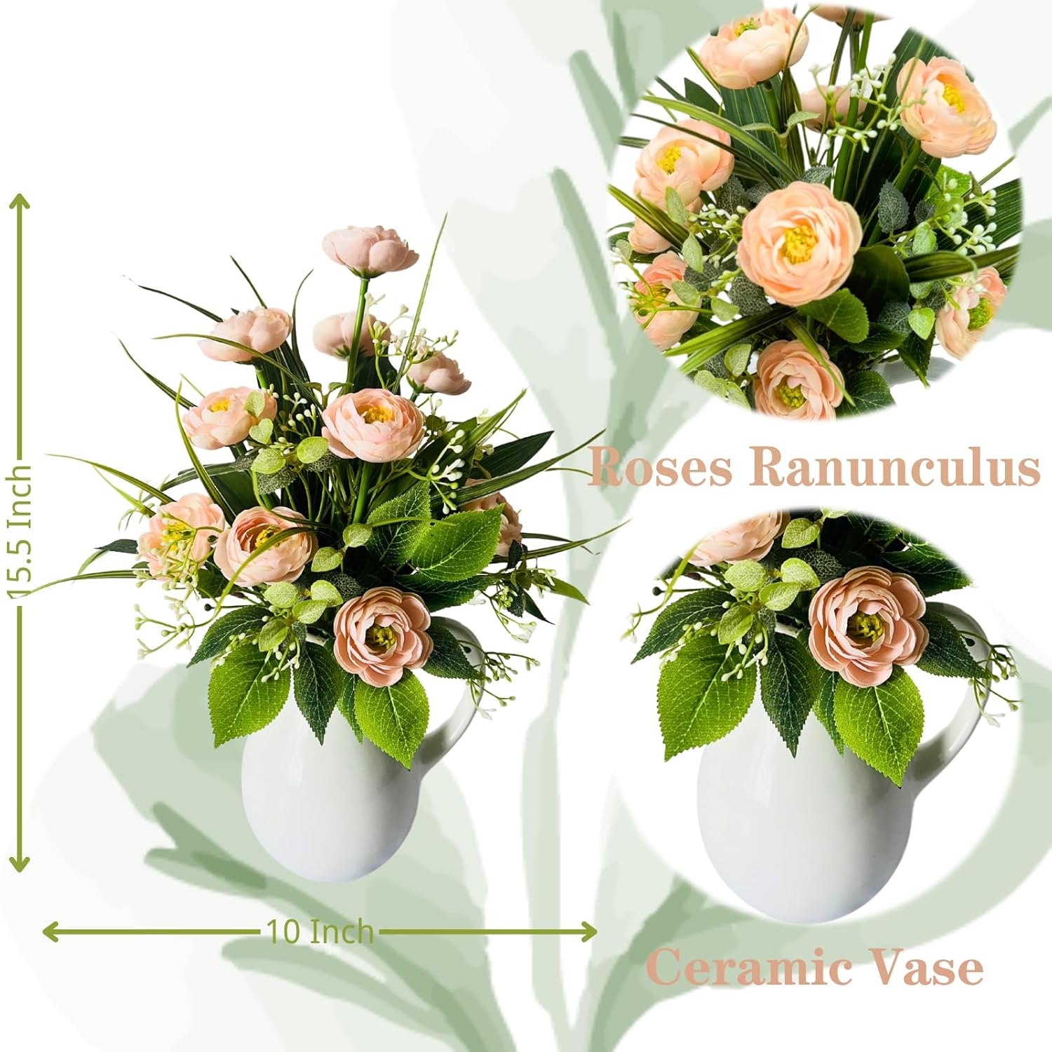 Spring Summer Floral Arrangement Centerpiece Artificial Roses Ranunculus Flowers Ceramic Vase Flower Arrangement For Home Decoration Dining Table Centerpiece