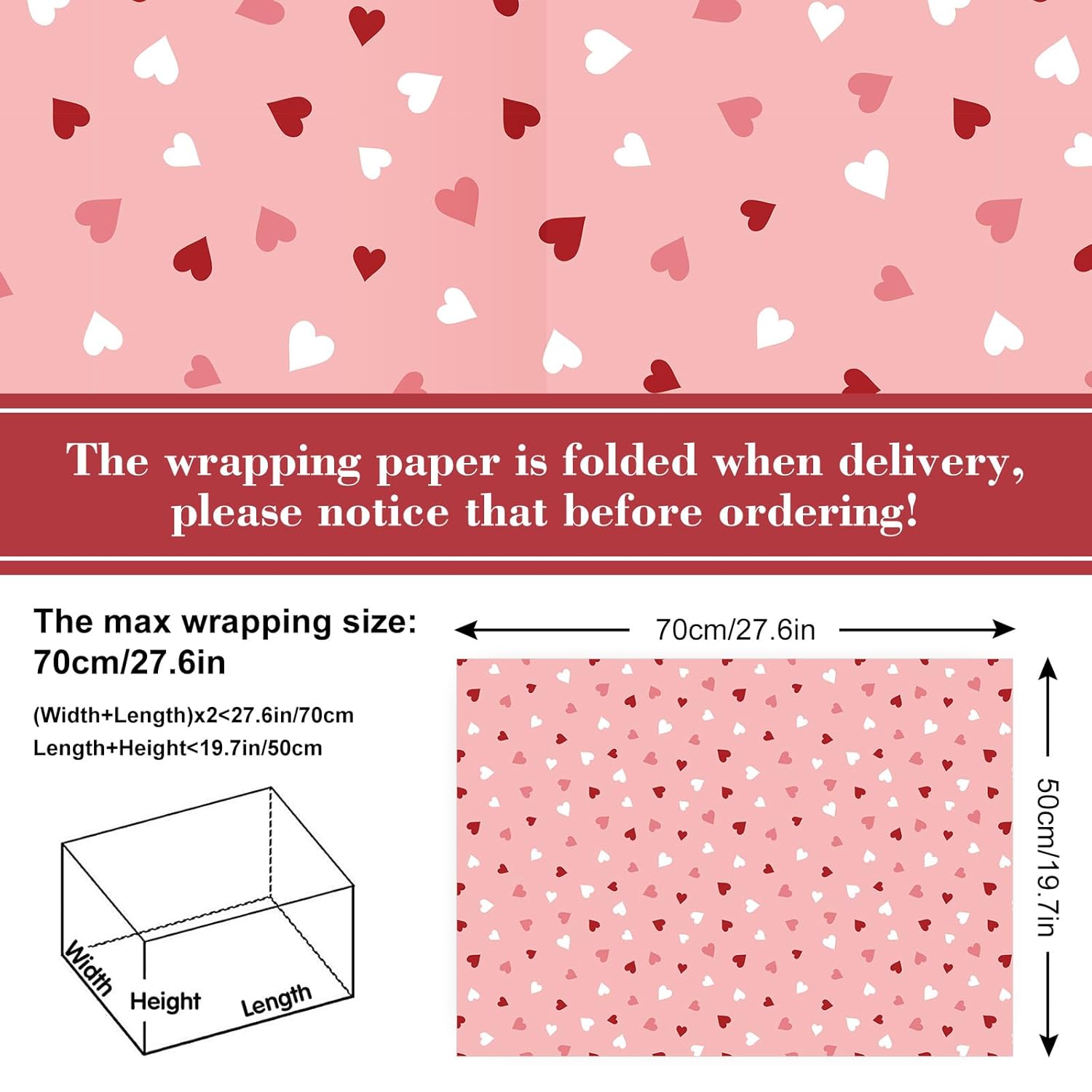 12 Sheet Valentine'S Day Wrapping Paper Heart Stripe Gift Wrap Paper Bulk Folded Flat Pink Red Craft Paper For Diy Crafts Wedding Anniversary Party Gift Packing Supplies, 19.7 X 27.6 Inch