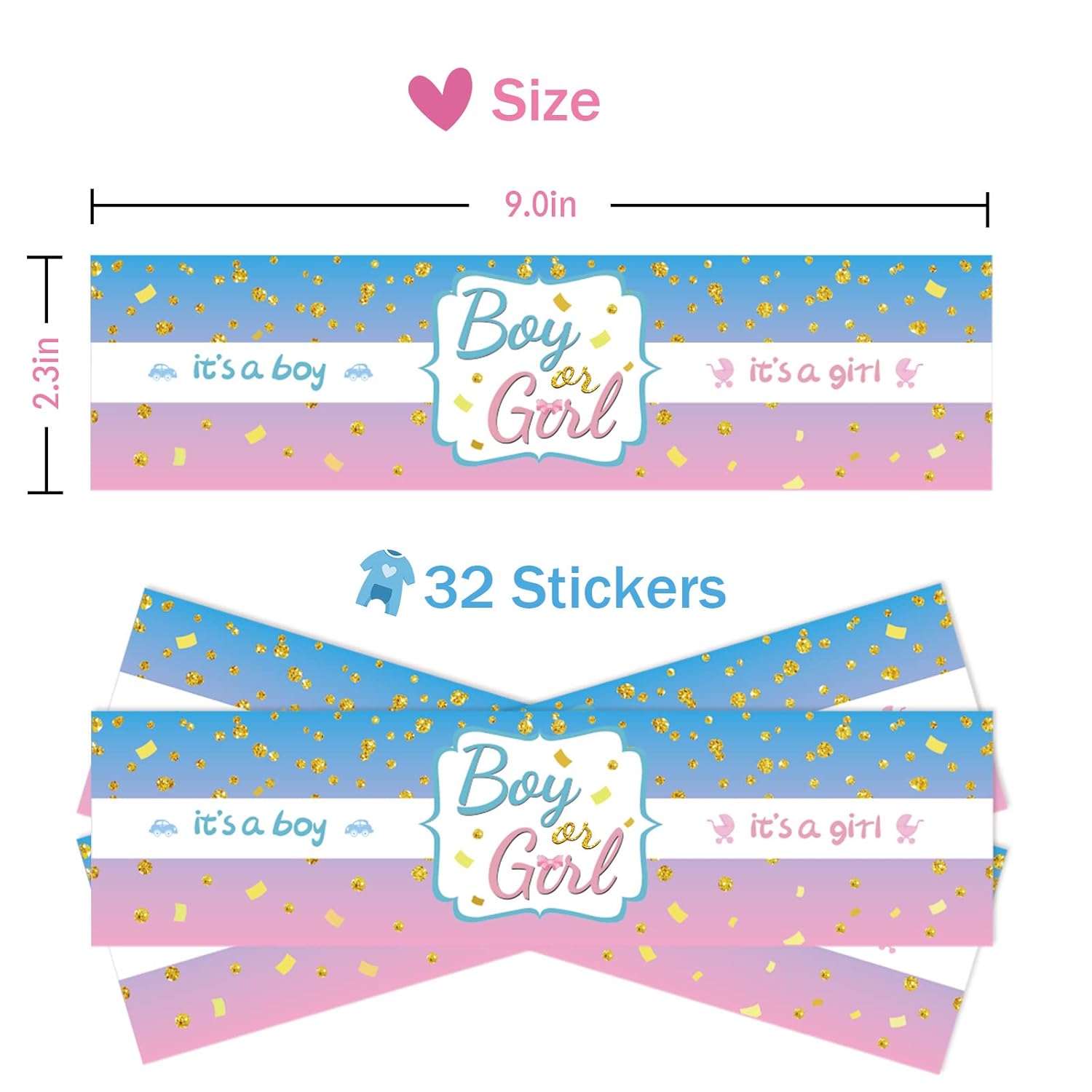 32 Pcs Gender Reveal Water Bottle Labels, Boy Or Girl Water Bottle Labels, Baby Shower Party Bottle Wrappers, Baby 1St Birthday Party Water Labels - Blue & Pink Glitter
