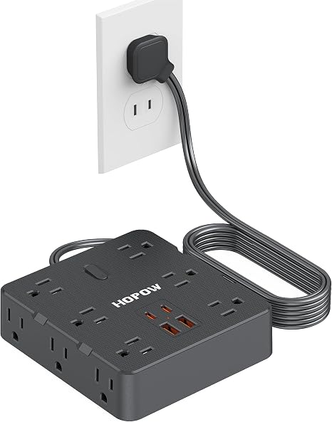 12 Outlet 2 Prong Power Strip 4 USB Ports 6FT Extension Cord 1700J Flat Plug Black