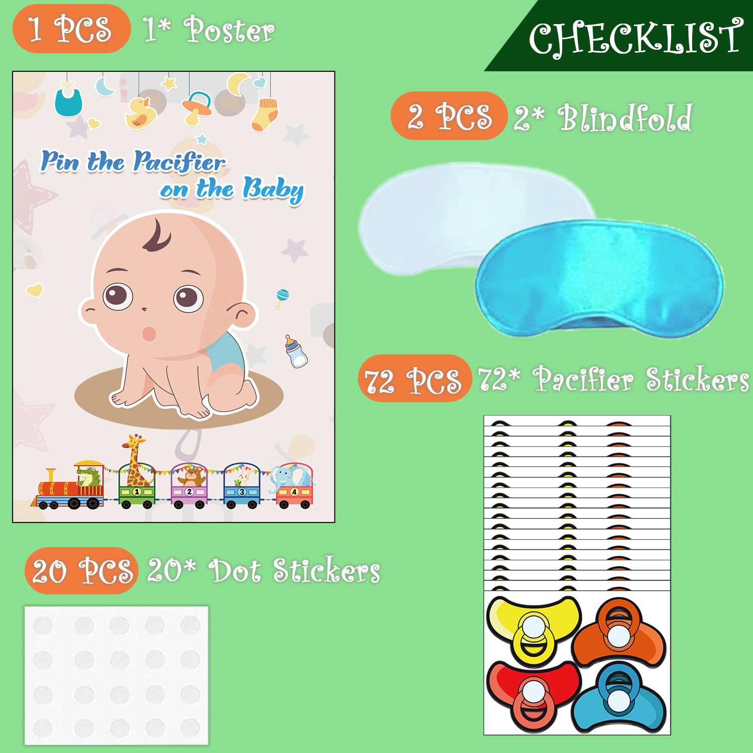 Pin The Pacifier On The Baby Game -Baby Shower Party Games With 21'' X 28'' Poster, Reusable Pacifiers Party Supplies For Kids Birthday Party Favor Sets