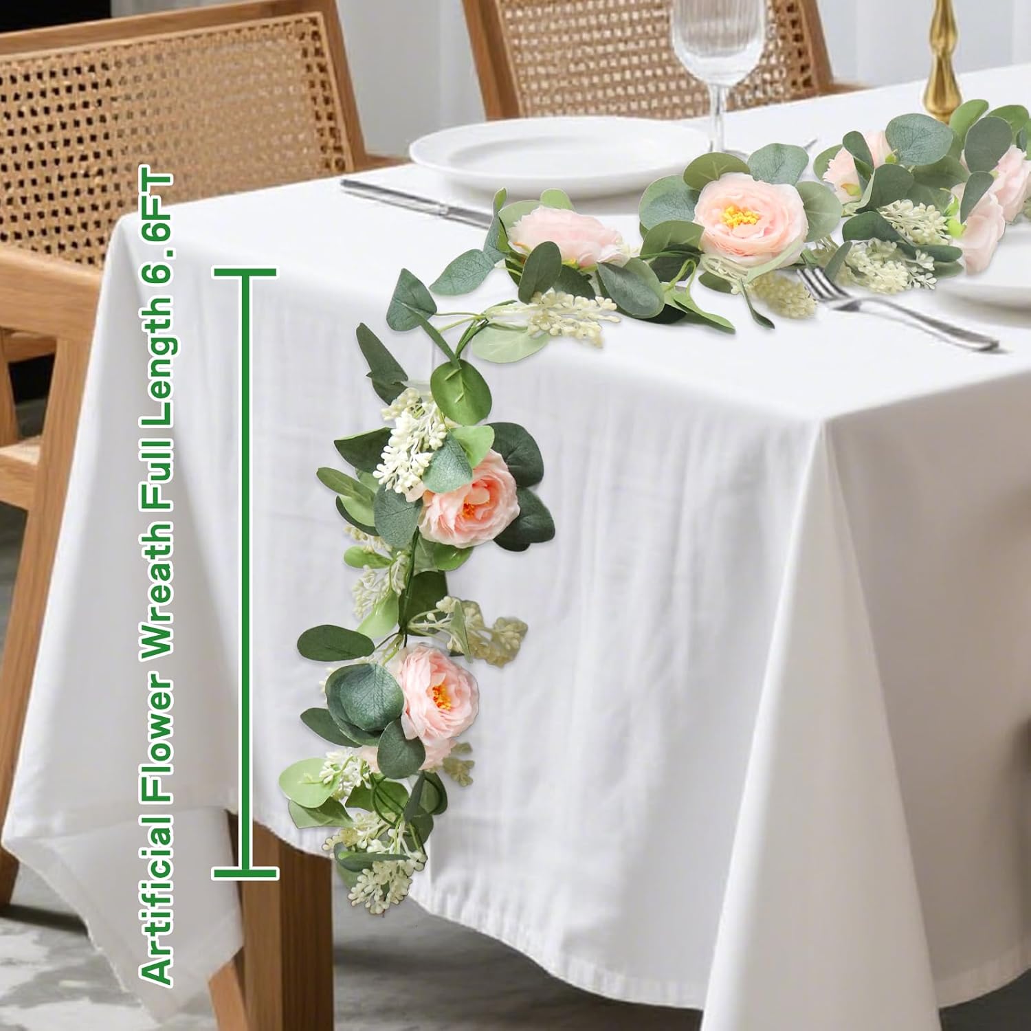Set Of 2 Eucalyptus Garland With Flowers, 6.56Ft Artificial Pink Flower Greenery Garlands Natural Looking, Floral Garland Rose Vines For Party Wedding Table Backdrop Wall Decor (2Pcs-Pink)
