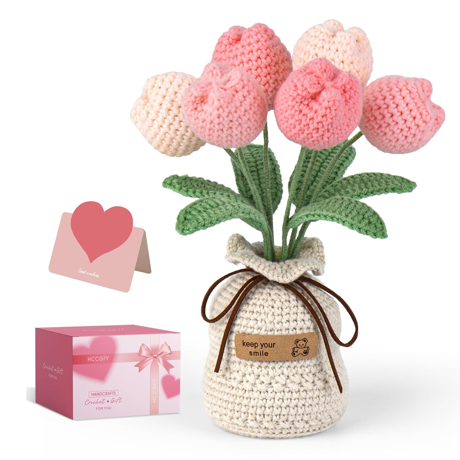 Hand-Crocheted Tulip Potted Plant With Premium Gift Box, Unique Hand-Crafted Gift For Home And Office Desk Decor, Perfect For Teachers, Moms, Friends, And You(Pink)