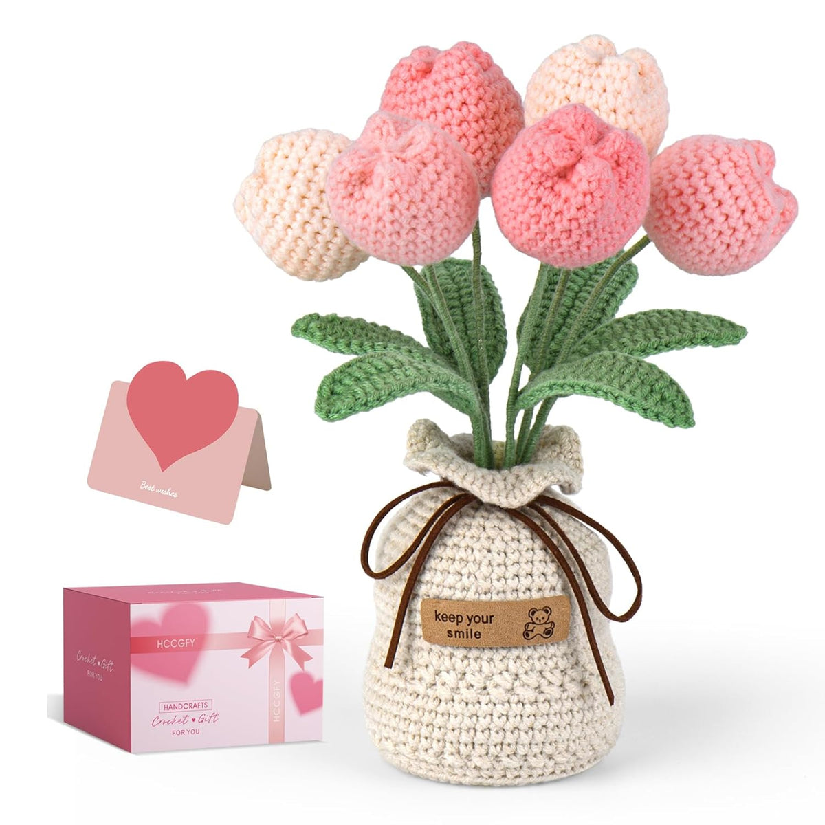 Hand-Crocheted Tulip Potted Plant With Premium Gift Box, Unique Hand-Crafted Gift For Home And Office Desk Decor, Perfect For Teachers, Moms, Friends, And You(Pink)