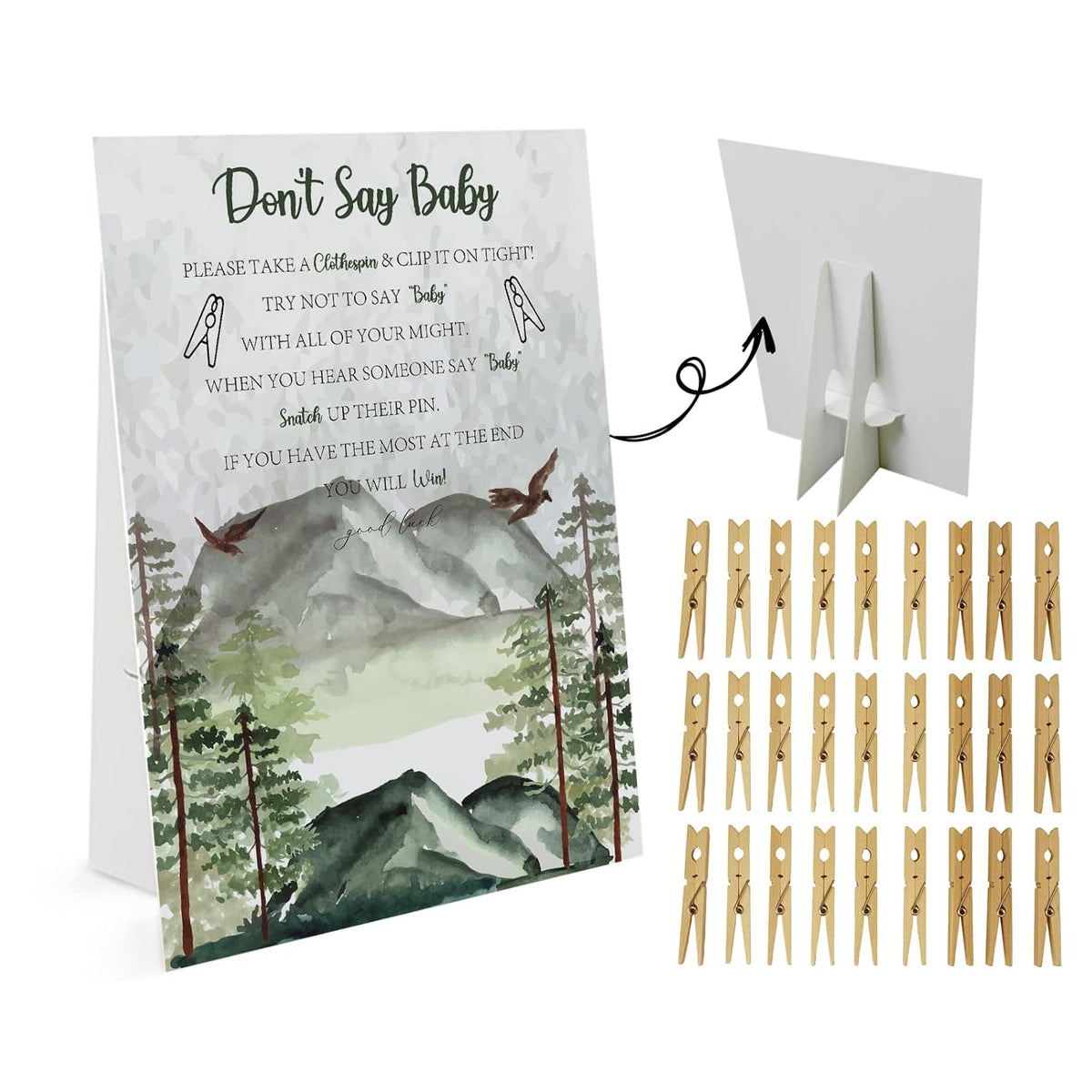 Adventure Don'T Say Baby Game (1 Sign And 50 Mini Natural Clothespins? Don'T Say Baby Baby Shower Game, Baby Shower Decorations, Baby Shower Games Gender Neutral, Forest Mountain Baby Shower (Ds09)