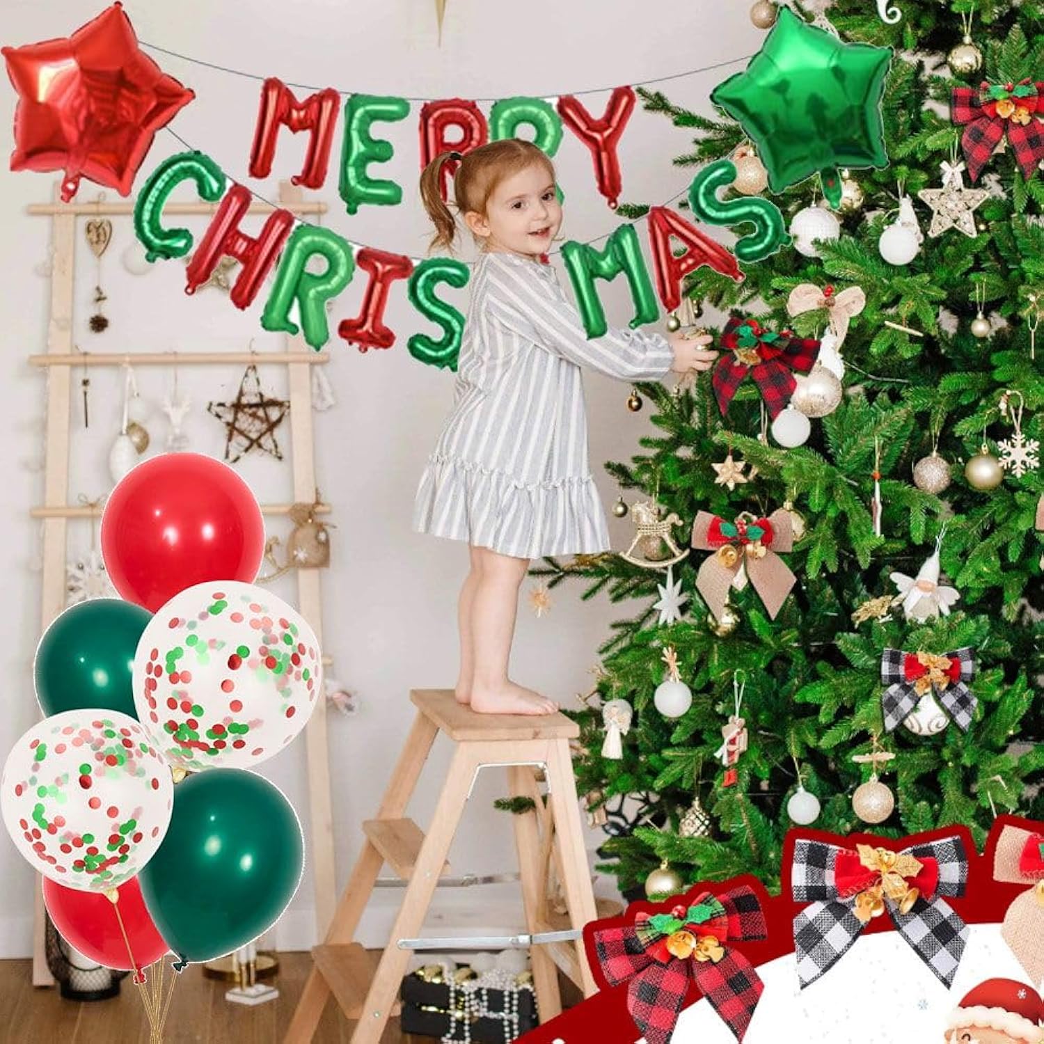 Merry Christmas Balloons Banner 13Pcs Aluminum Foil 16 Inch Letters With 2Pcs 18 Inch Star Balloons 30Pcs Red Green Confetti Balloon For Christmas Party Decorations