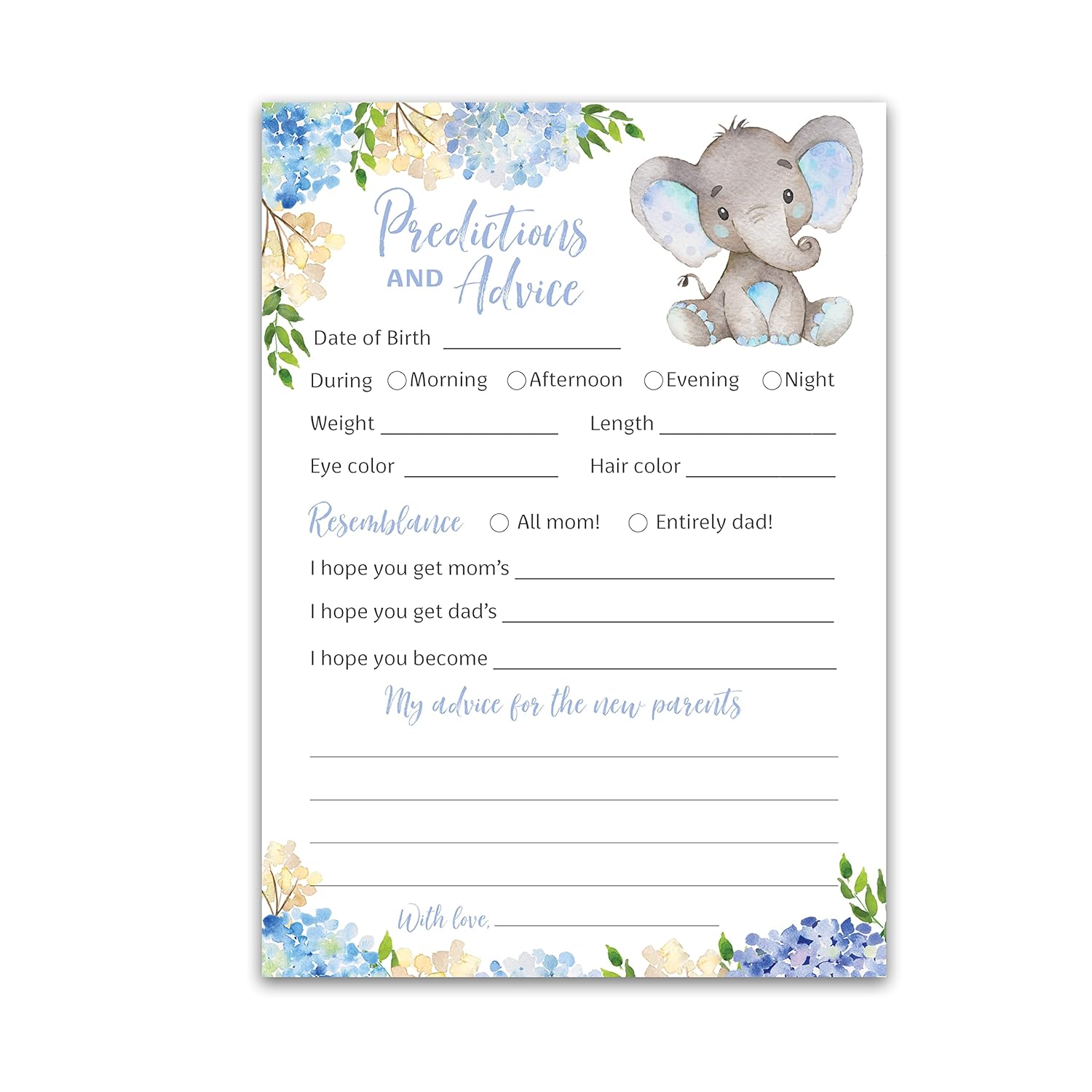 Blue Elephant Prediction And Advice Cards - Pack Of 25 - Boy Baby Shower Games, New Parents, Mom & Dad To Be, Mommy & Daddy Message, Couples Coed Shower Activity Keepsake Book Floral Flowers G531-Pdav