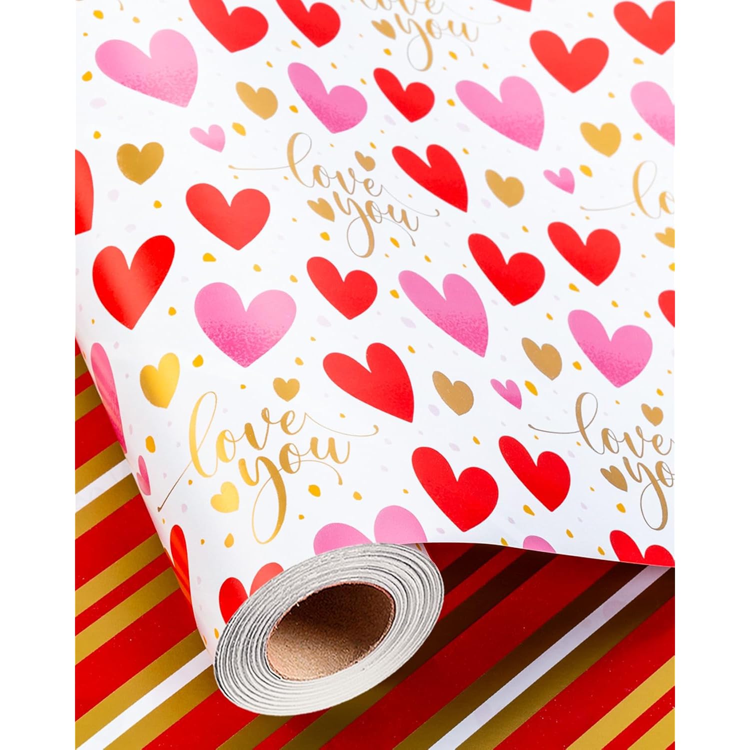 Valentine'S Day Reversible Wrapping Paper Roll - 17 Inch X 33 Feet - Pink And Red Hearts, Gold Foil Love You Text Design For Valentine'S Day, Wedding, Anniversary, Birthday, Baby Shower