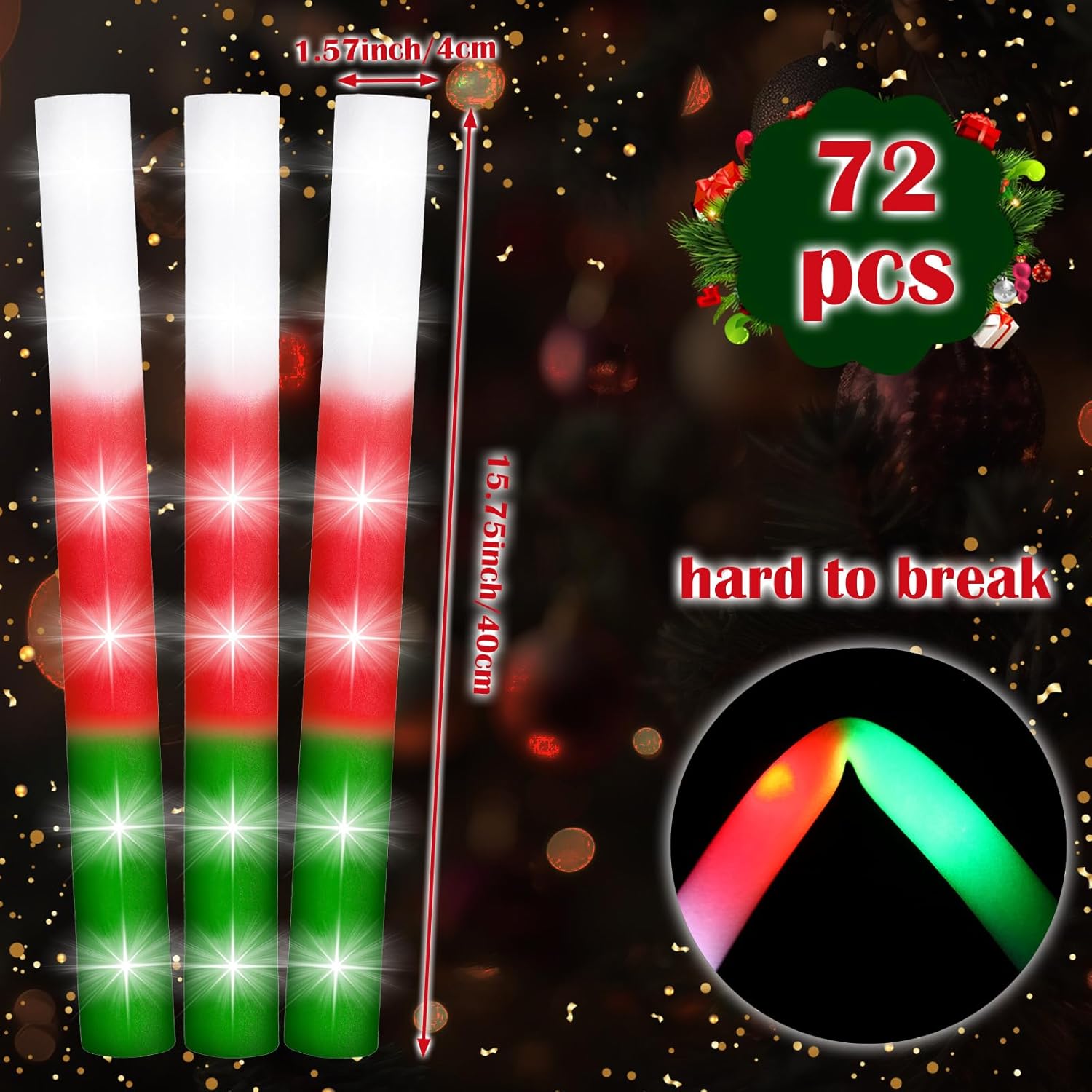 36 Pcs 16 Inch Christmas Glow Sticks Bulk Led Foam Sticks Red, Green, White Light Up Favors Glow In The Dark With 3 Flas