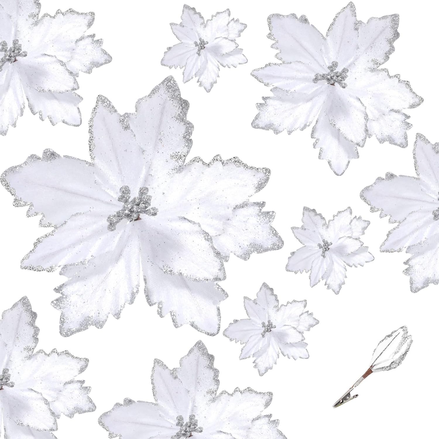 24 Pcs Christmas Glitter Poinsettia Flowers Decorations 5.91 Inch 3.94 Inch Artificial Velvet Poinsettia With Clips, Poinsettia Christmas Tree Ornaments For Xmas Party Decor(White)