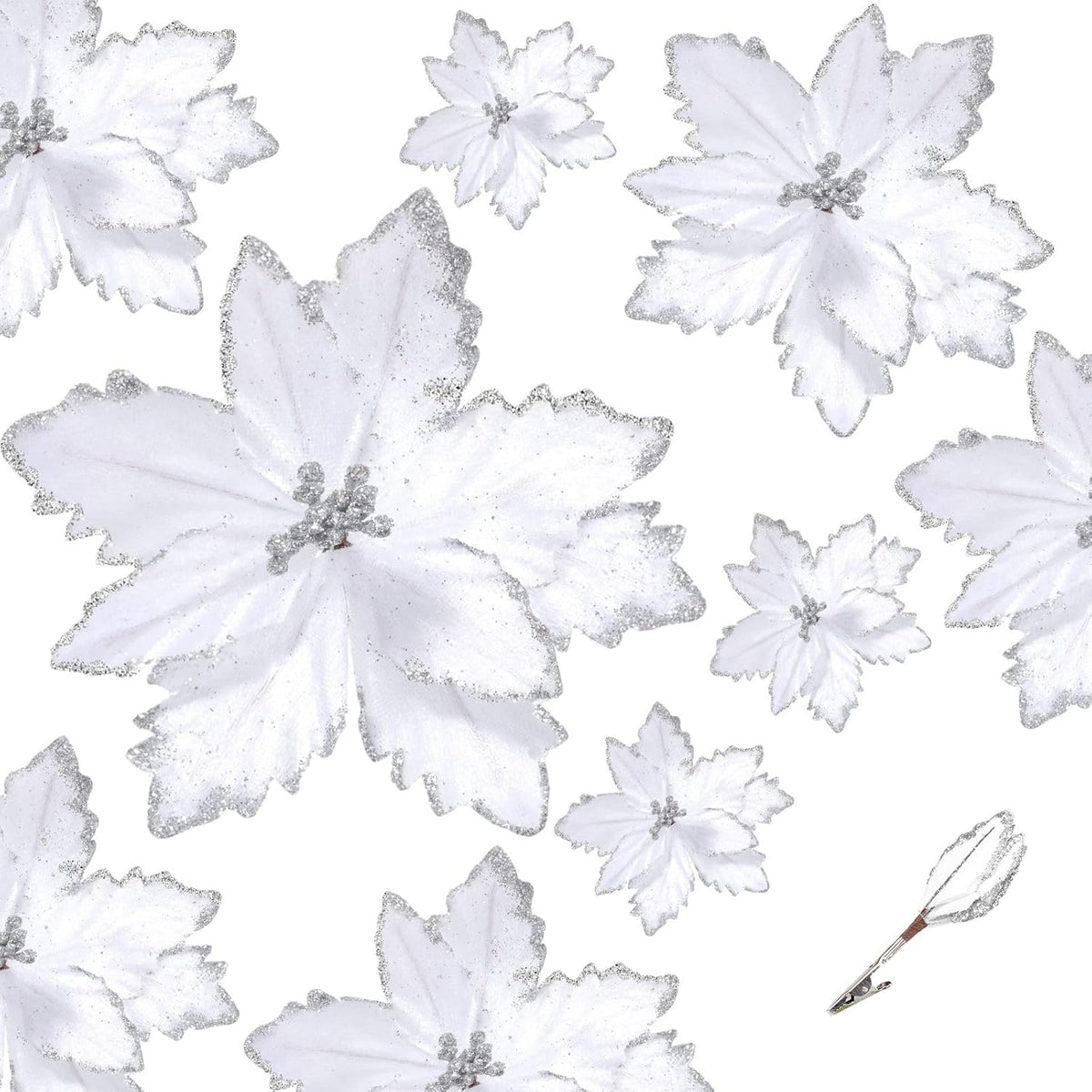24 Pcs Christmas Glitter Poinsettia Flowers Decorations 5.91 Inch 3.94 Inch Artificial Velvet Poinsettia With Clips, Poinsettia Christmas Tree Ornaments For Xmas Party Decor(White)