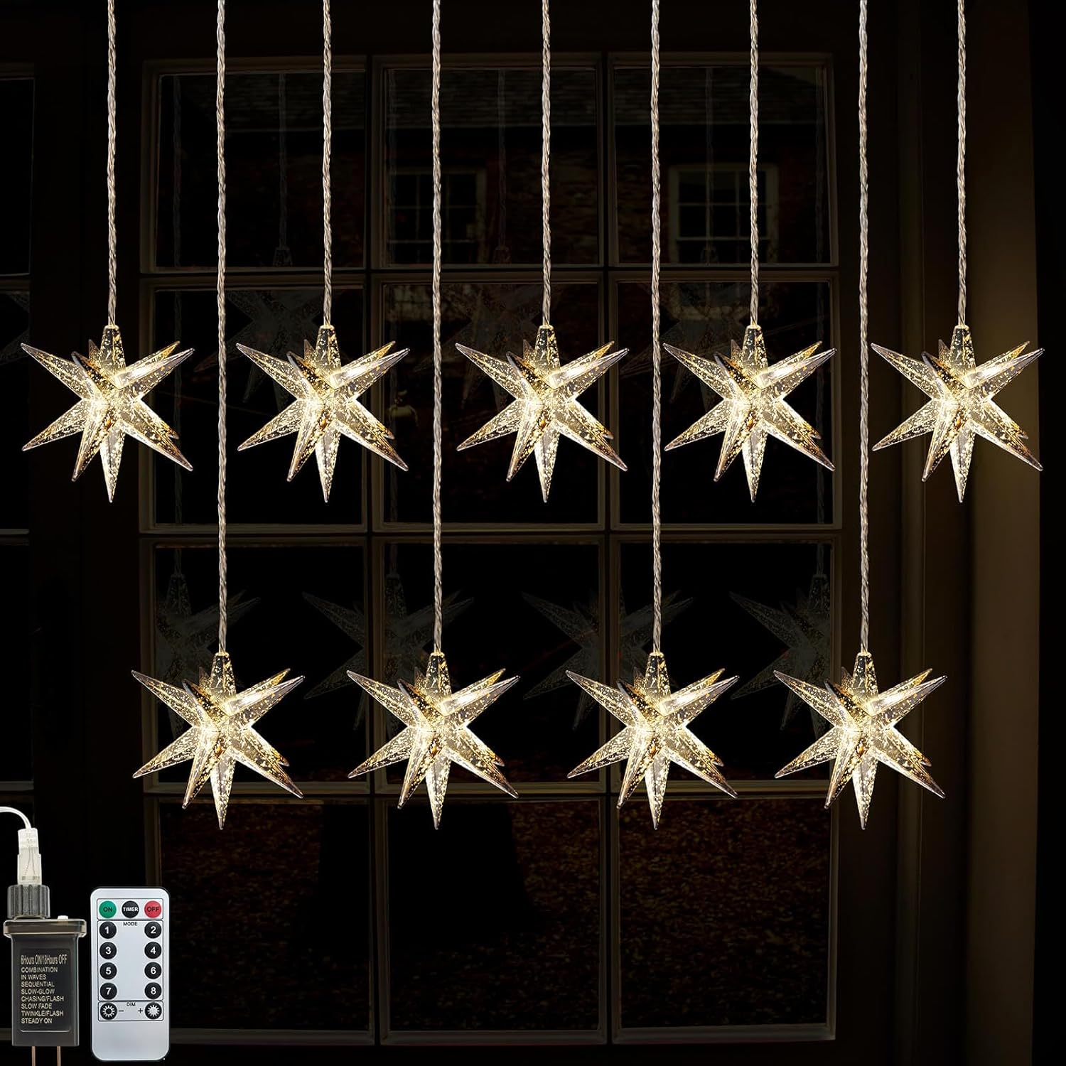 Moravian Star Curtain Light, Plug In With Remote, 8 Flashing Modes Of Warm Light, 9 Silver Stars Led String, Indoor Chri