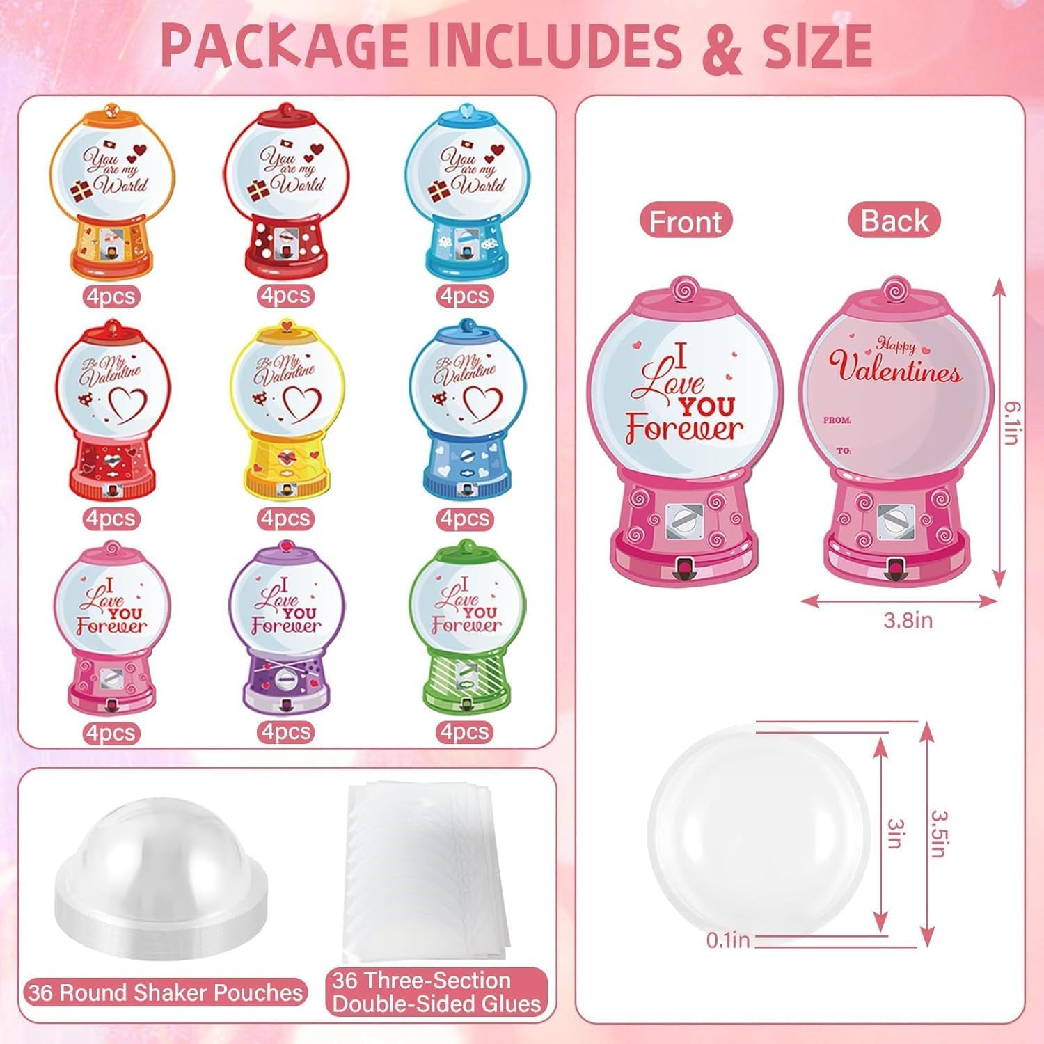 Valentine'S Candy Cards Gifts Set With Plastic Domes,36Pcs Diy Craft Treat Holder Bulk Class Valentines Candy Exchange Gifts For Couples Families Party Gift, Bubble Gum Machine(Candy Not Included)