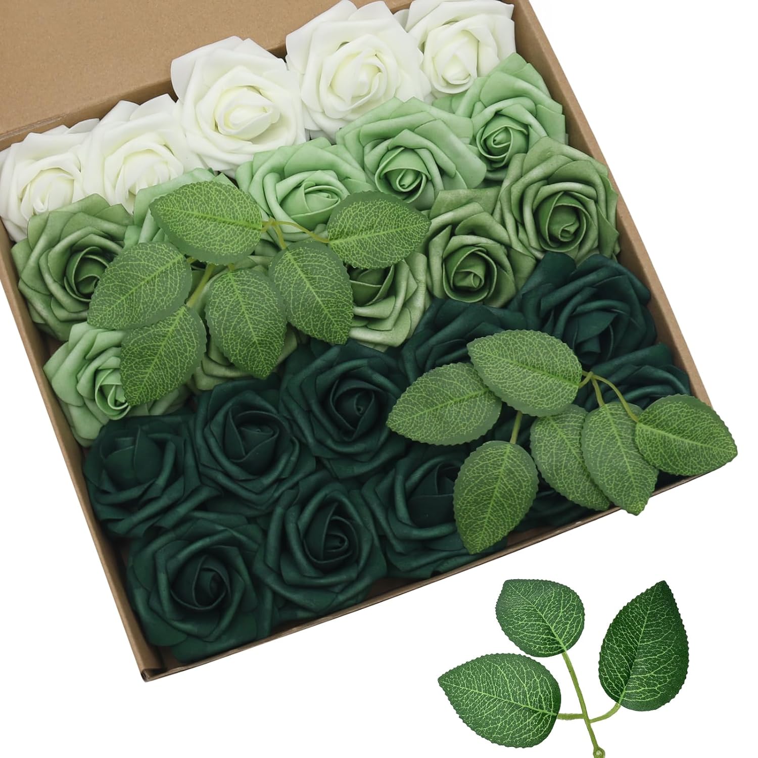25Pcs Artificial Foam Roses With Stems-Lifelike Ombre Roses For Diy Wedding Bouquets, Centerpieces & Home Decor-White To Green Gradient
