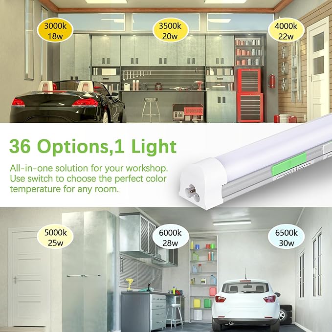 6 Pack 4FT LED Shop Lights 30W 4500LM Tunable Garage Ceiling Lighting for Workshop Warehouse Basement