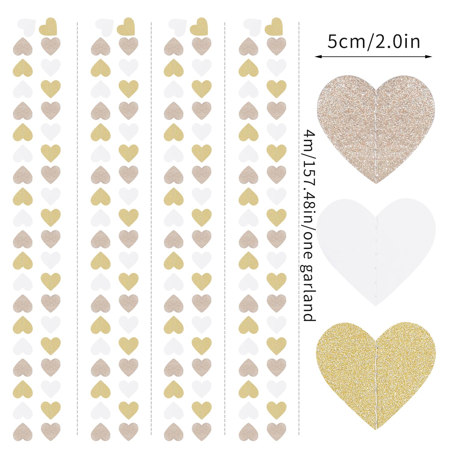 White-Gold Champagne Bachelorette Party Decorations - 52Ft Birthday Heart Hanging Paper Streamers-Garland Banner,Engagement Wedding Neutral Baby Bridal Shower Supplies Decor