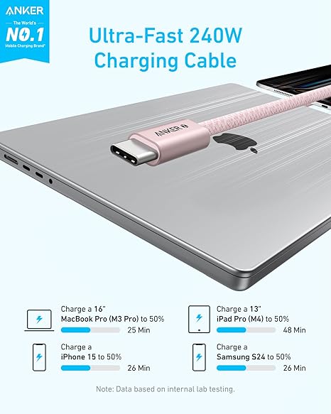 240W USB C to USB C Braided Fast Charging Cable 6FT Pink for iPhone 17 MacBook iPad Samsung
