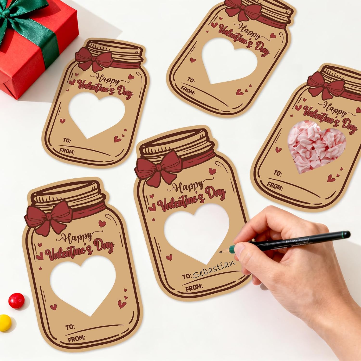 Valentines Day Cards, 50Pack Happy Valentine’S Day Mason Jar Cards With Treat Bags, Heart Cutout Blank Card For Classroom Valentines, Kids Exchange Cards & Valentine Party Favors