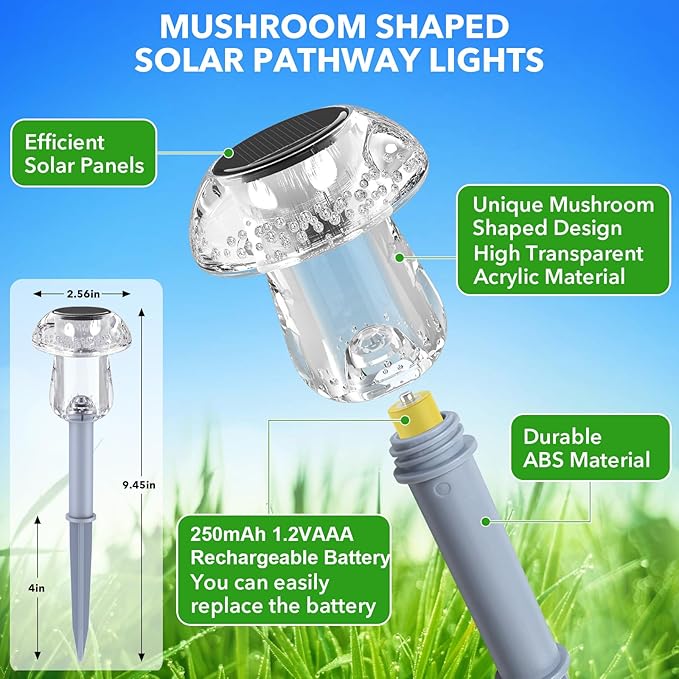8 Pack Solar Mushroom Lights Waterproof Warm White Garden Pathway Yard Decor