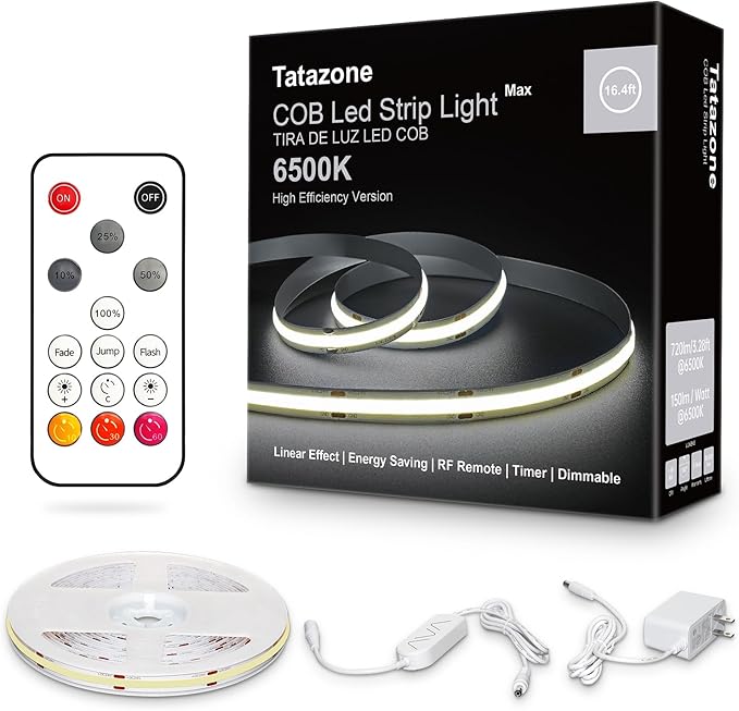 16.4FT White COB LED Strip Light 6500K Daylight Dimmable Ultra Bright Light Strip with RF Remote
