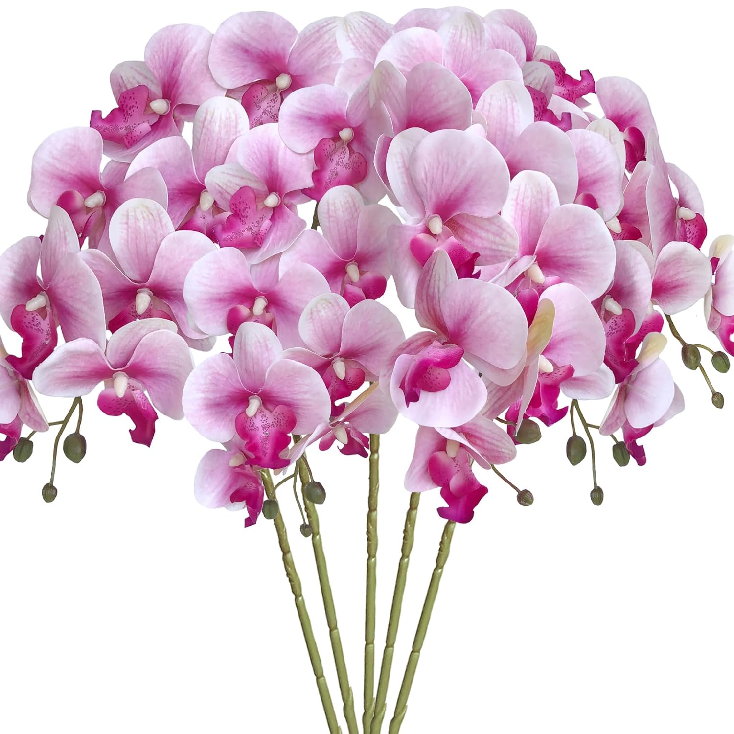5 Pcs Artificial Orchid Flowers,Artificial Phalaenopsis Flowers 32 Inch Stem Plants For Home Wedding Decoration (White Flower Purple Core)