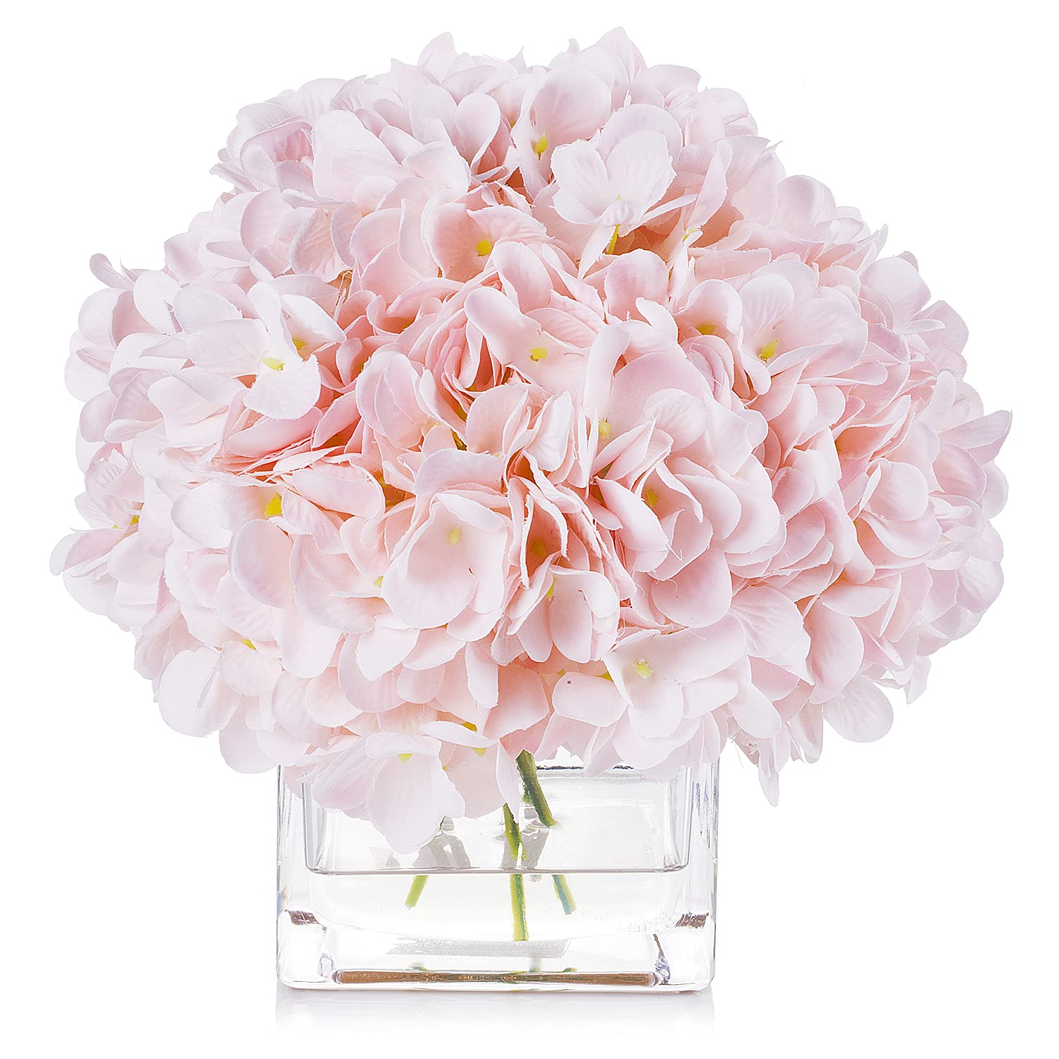 Enova Floral Artificial Flowers Silk Hydrangea Fake Flowers Arrangement in Cube Glass Vase with Faux Water for Home Office Wedding Party Event(Pink)