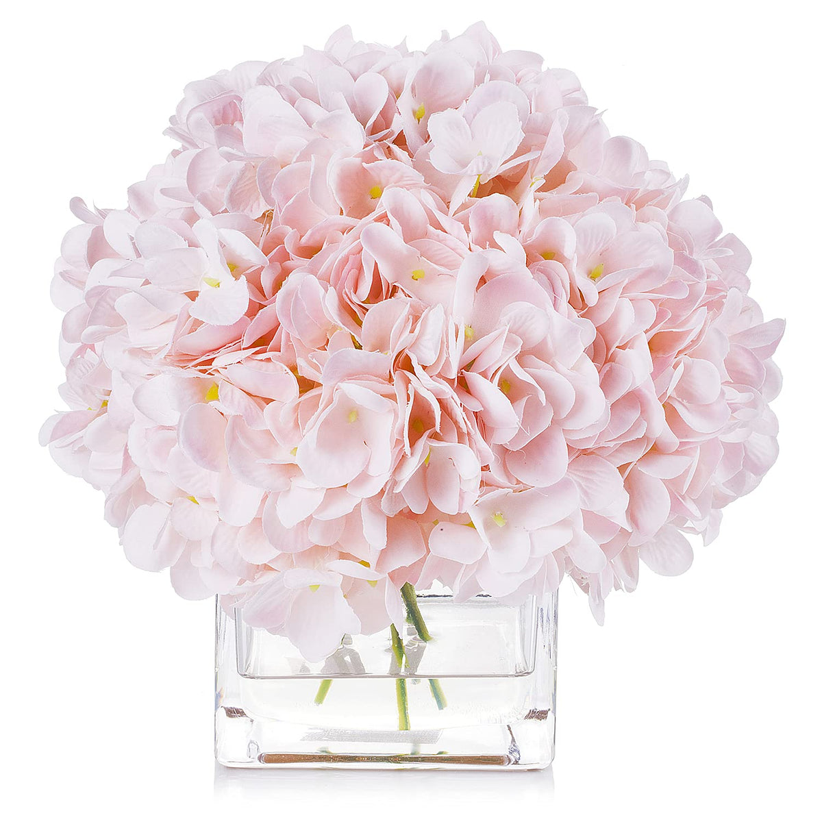 Enova Floral Artificial Flowers Silk Hydrangea Fake Flowers Arrangement in Cube Glass Vase with Faux Water for Home Office Wedding Party Event(Pink)