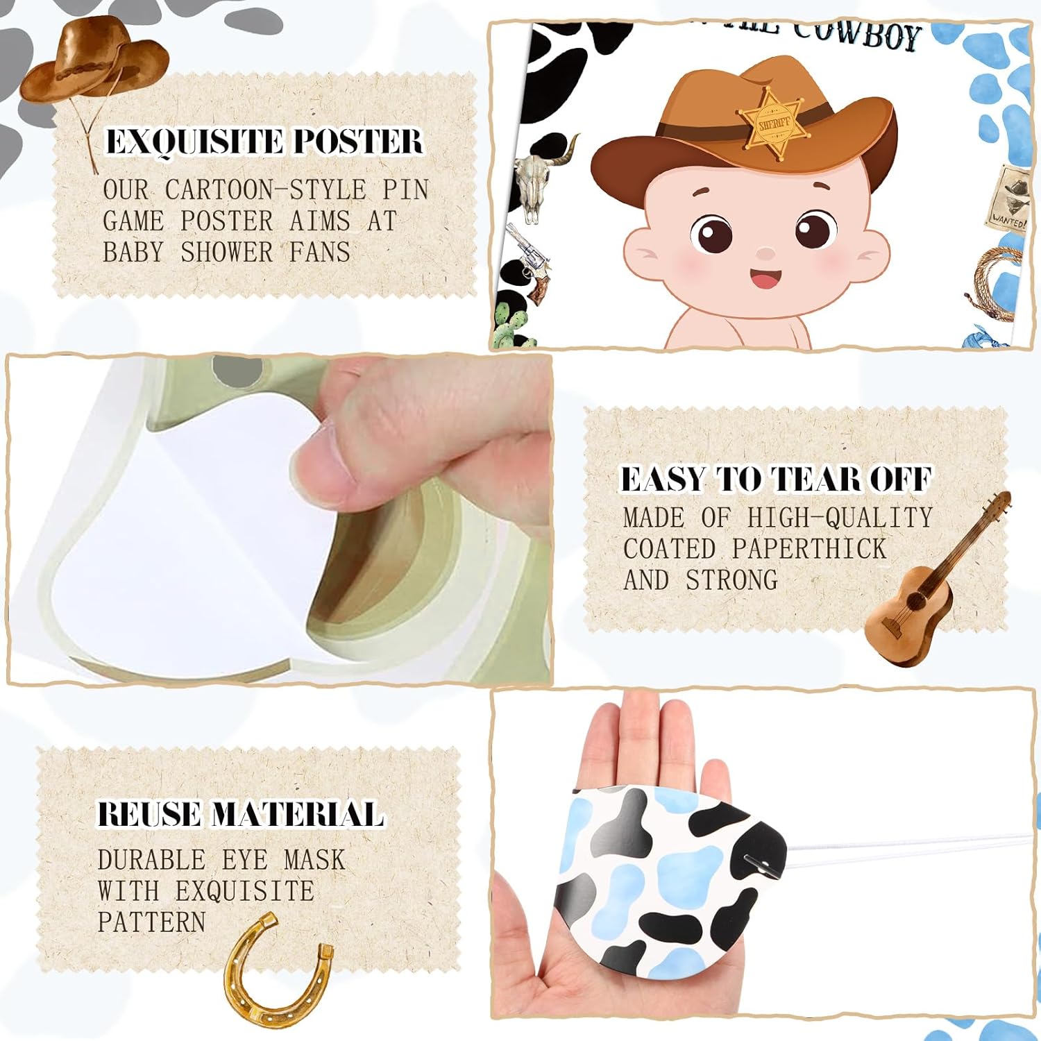 Pin The Pacifier On The Cowboy Party Games First Rodeo Party Decor Include A Baby Poster Blindfold 24 Pacifier Stickers For Western Theme Baby Shower Decorations (White,West Cowboy)