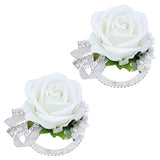 Set Of 2 Wrist Corsage Wristlet For Wedding Prom Women Bride Bridesmaid Artificial Rose Flower Decorations Homecoming Anniversary Party (White)