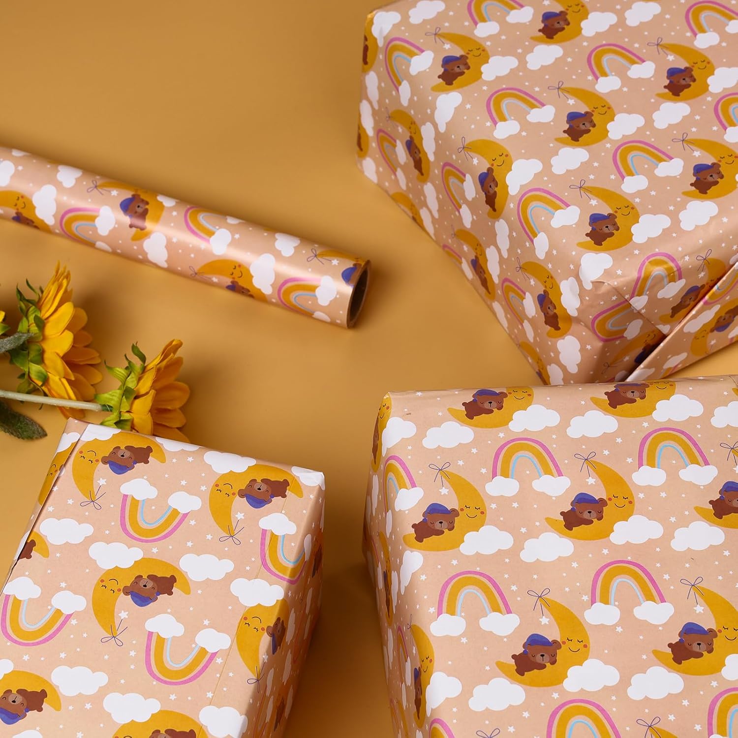 Bear Wrapping Paper 17 Inch X 60 Ft Per Roll For Girls And Boys, Good Night Cute Little Brown Bear Happy Birthday Gift Wrap Paper Roll, Suitable For Birthdays, Parties, Baby Showers