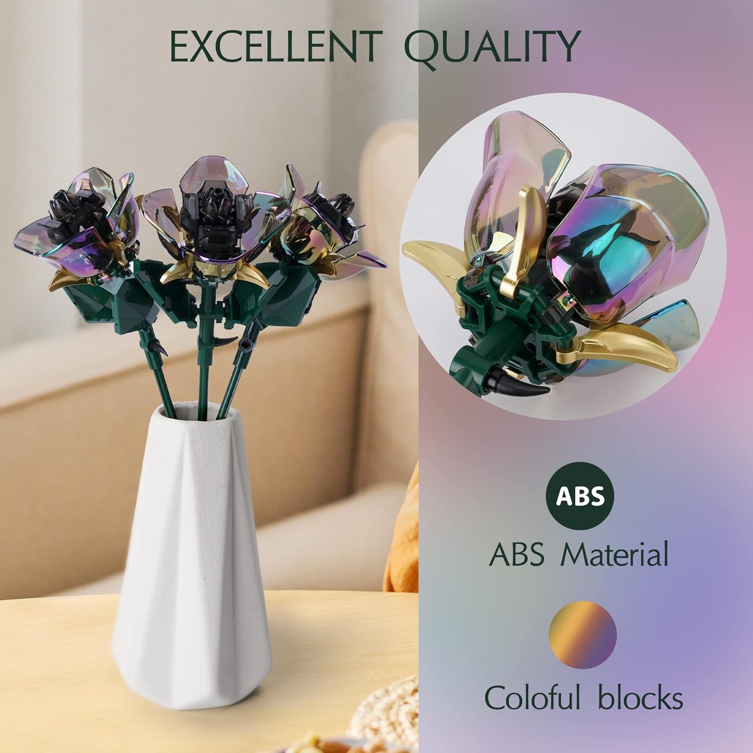 Rose Flower Bouquet Building Set,Botanical Collection Rainbow Artificial Plant Compatible With Lego Gift For Adult Home Decor(Black 120Pcs)