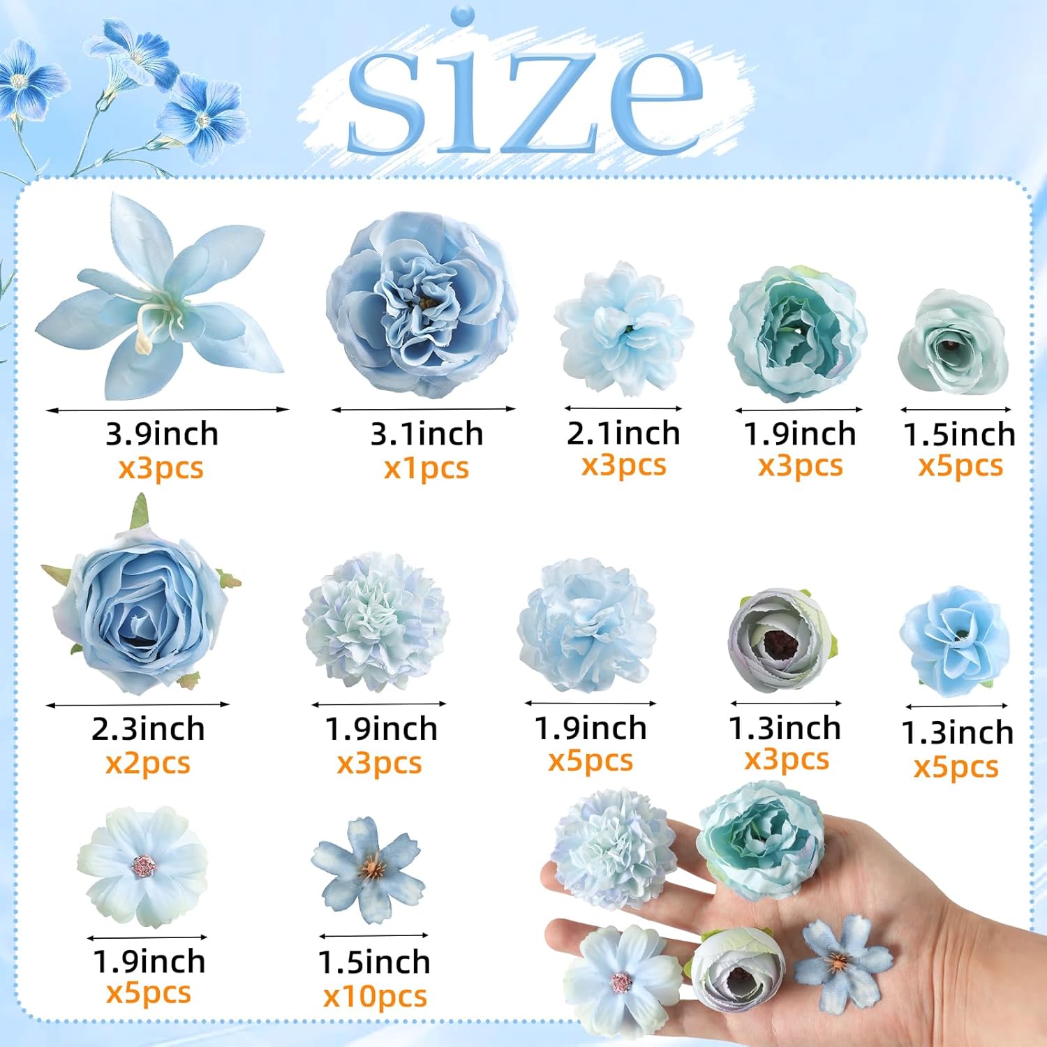 Fake Flower Heads For Crafts - Blue Silk Artificial Roses, Peonies, Daisies & Mini Floral Heads Bulk (48-Pack) For Wedding Decor, Graduation Cap, Cake Topper, Baby Shower, Home Decoration
