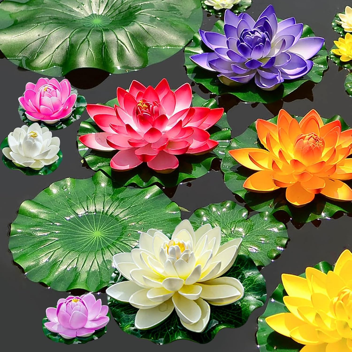 19Pcs Realistic Floating Foam Lotus Flowers And Lotus Leaves, Artificial Lotus Flowers Water Lilies For Pond Pool, 4" And 6" Large Beautiful Lifelike Water Lilies For Fountain Garden Decoration