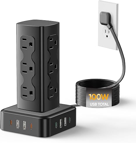 100W Power Strip Tower 12 AC Outlets 8 USB Ports Charging Station