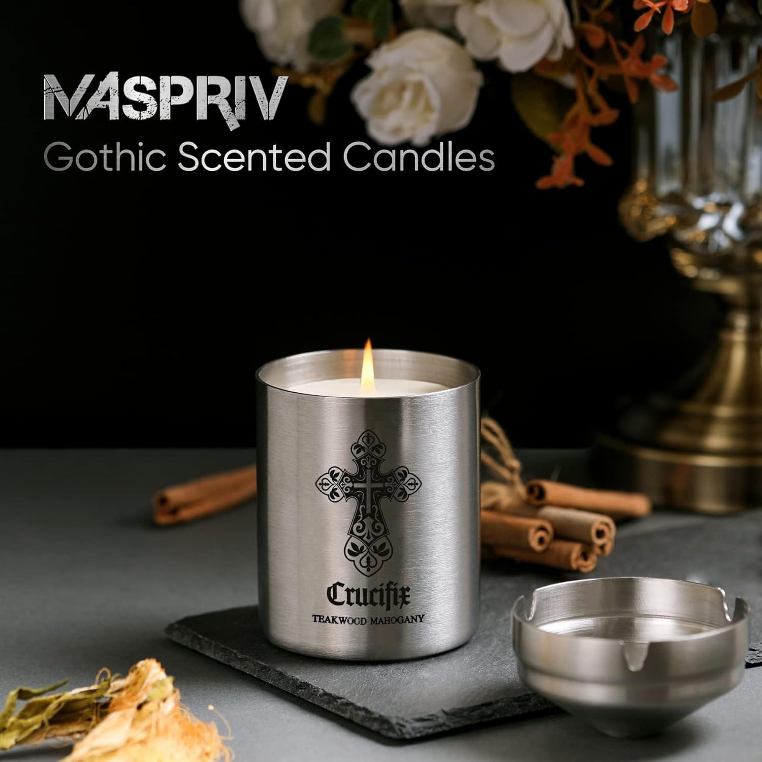 Gothic Scented Candle For Men - Strong Fragranced Masculine Candle Gift, 50+ Hours Burn Time - Mahogany Teakwood