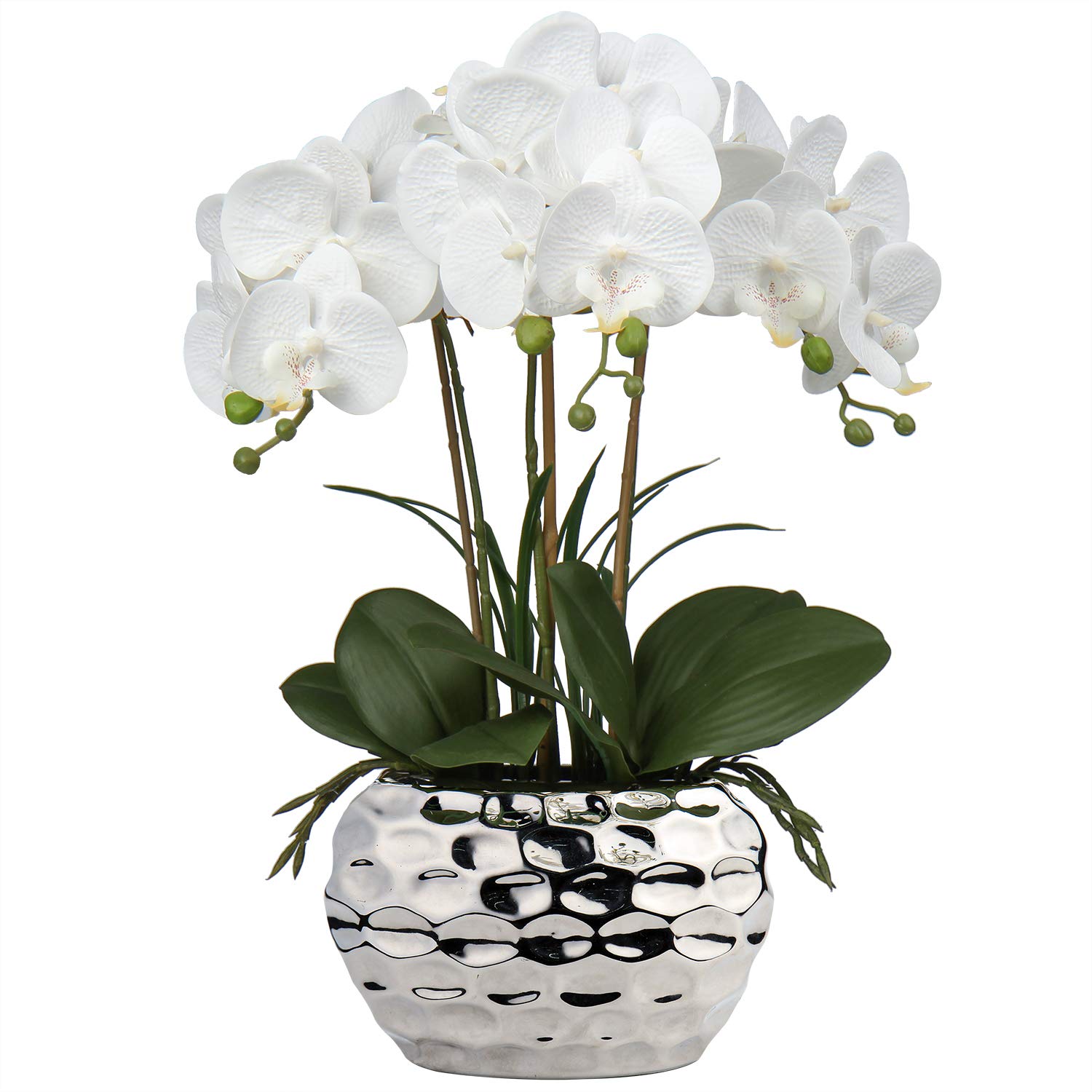Orchids Artificial Flowers 18" White Phalaenopsis Large Orchid With Silver Ceramic Pots Silk Faux Orchid Arrangement For Home Office Bathroom Living Room Table Decoration