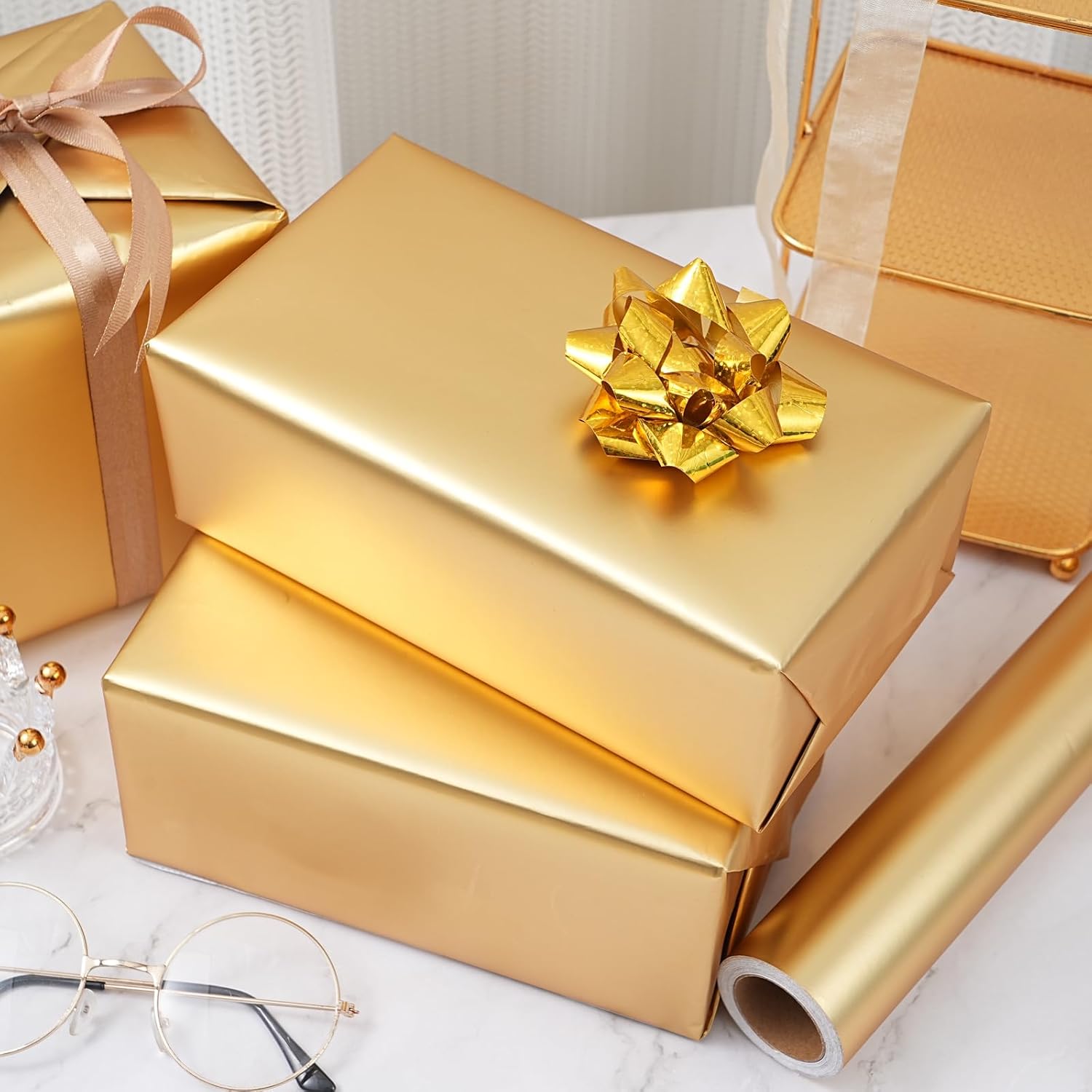 Metallic Gold Wrapping Paper Roll With Cut Lines - Solid Gold Holiday Gift Wrap For Graduation, Birthdays, Baby Shower, Wedding, Christmas - 17.5 In X 33 Ft (48 Sq. Ft), Easy To Cut