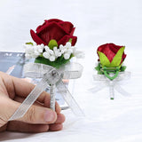 Set Of 6 Red Rose Boutonniere For Men, Groom And Best Man Artificial Flowers Boutonnieres, For Wedding Ceremony Formal Dinner Prom Party
