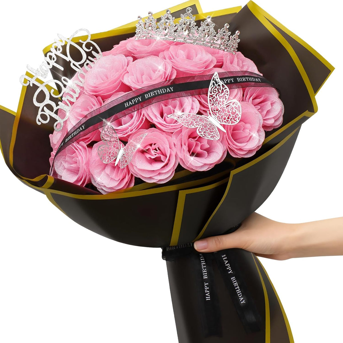 Glitter Roses Bouquet,Birthday Gifts For Women Mom,Diy Fake Flowers Bouquet With Birthday Stand-Up Signs,24 Pink Rose For Grandma Wife Friends Valentines,Anniversary,Engagement,Wedding