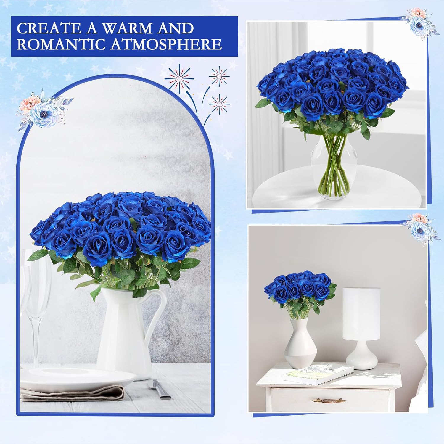 50 Artificial Roses In Bulk, Fake Silk Roses Realistic Blue Roses For Wedding Centerpieces Flower Arrangement Home Decor (50, Blue)