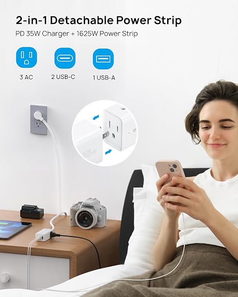 Travel Power Strip with Detachable USB C Ports GaN III Fast Charger 5ft Flat Plug Extension Cord Multiple Outlets White