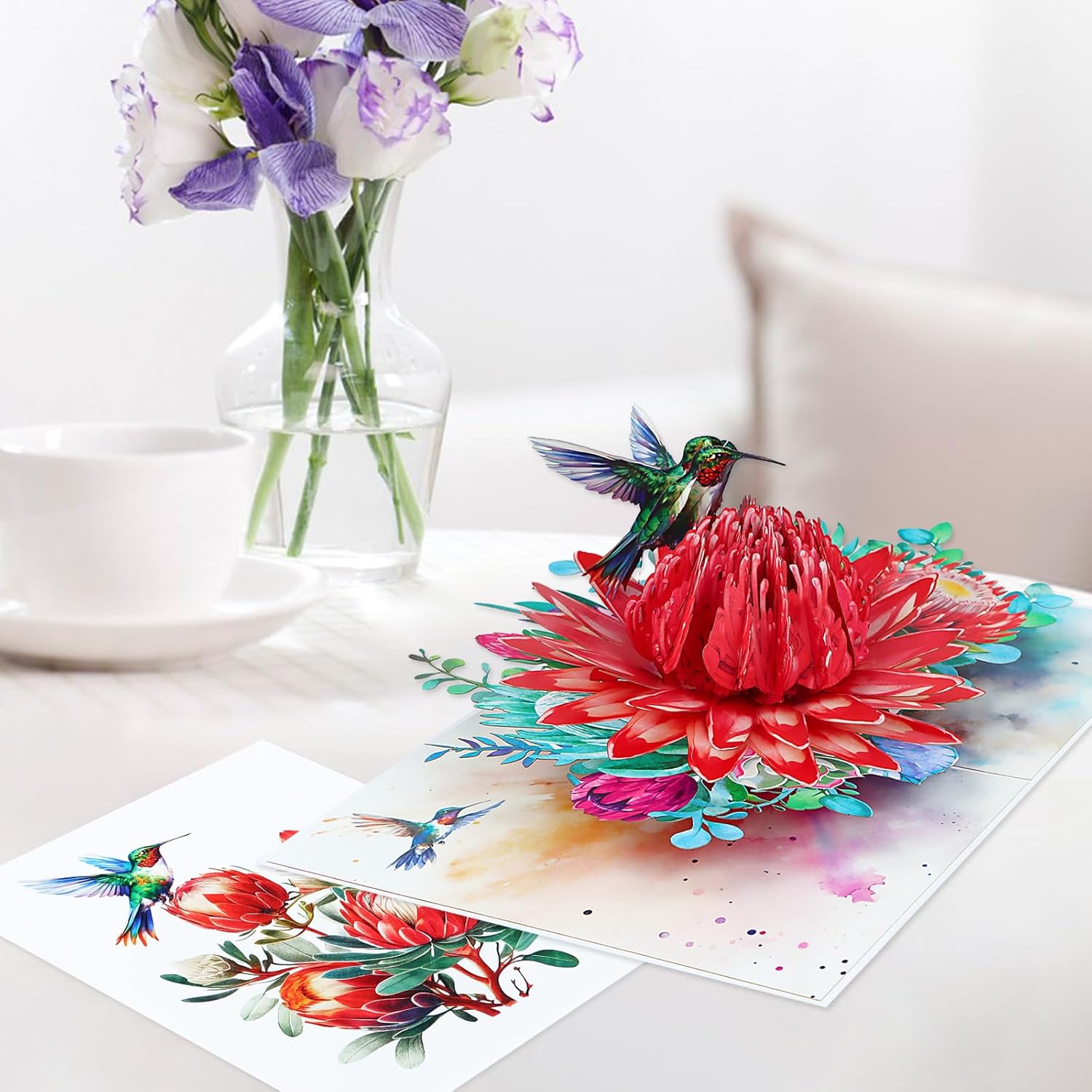 Pop Up Birthday Card - 3D Hummingbird King Portea Flower Greeting Card For Anniversary, Get Well, Thank You, Just Because, All Occasions, Gift For Wife Mom Grandma Daughter Sister Aunt