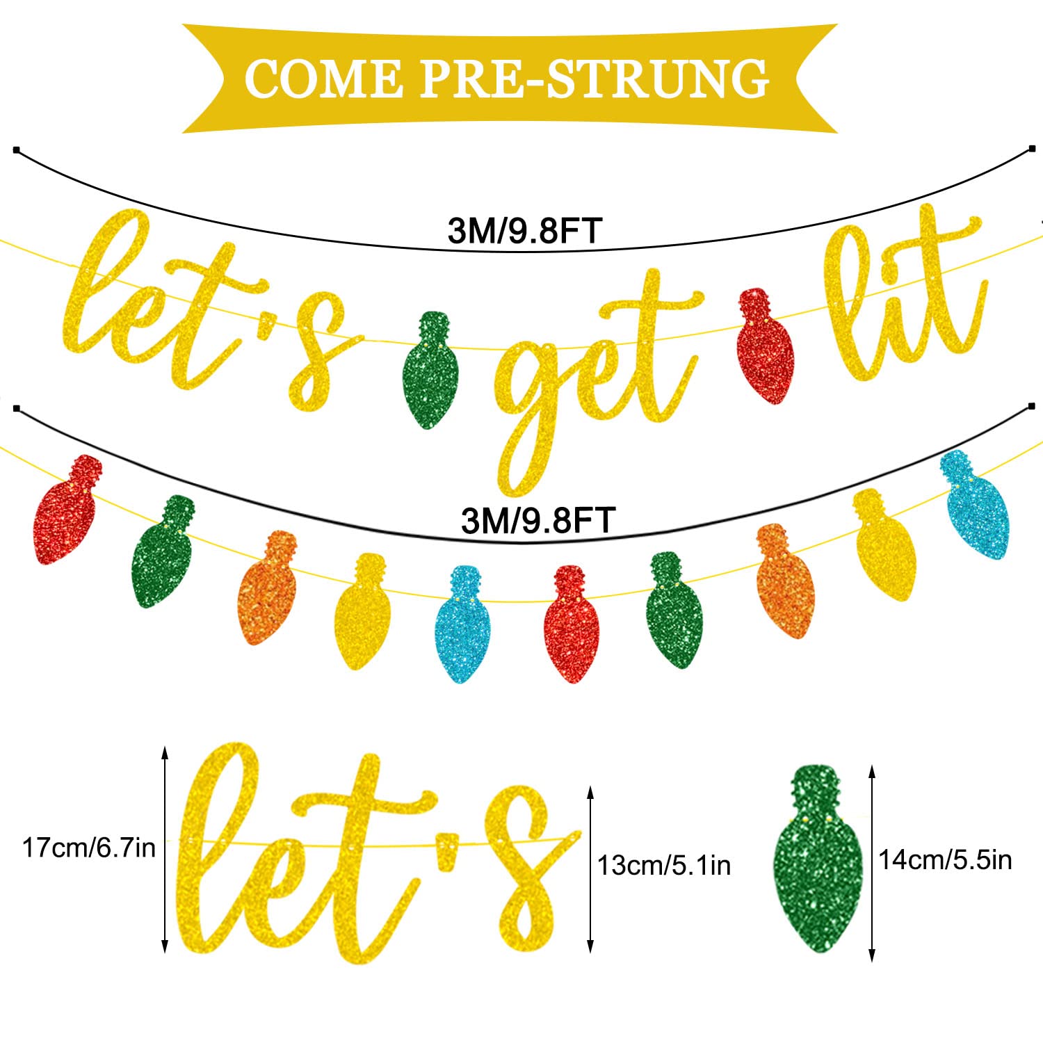 Gold Glittery Let'S Get Lit Banner And And Colorful Glittery Christmas Lightbulb Themed Banner Christmas Garland Signs Christmas Holiday Party Supplies For Mantle Fireplace Wall