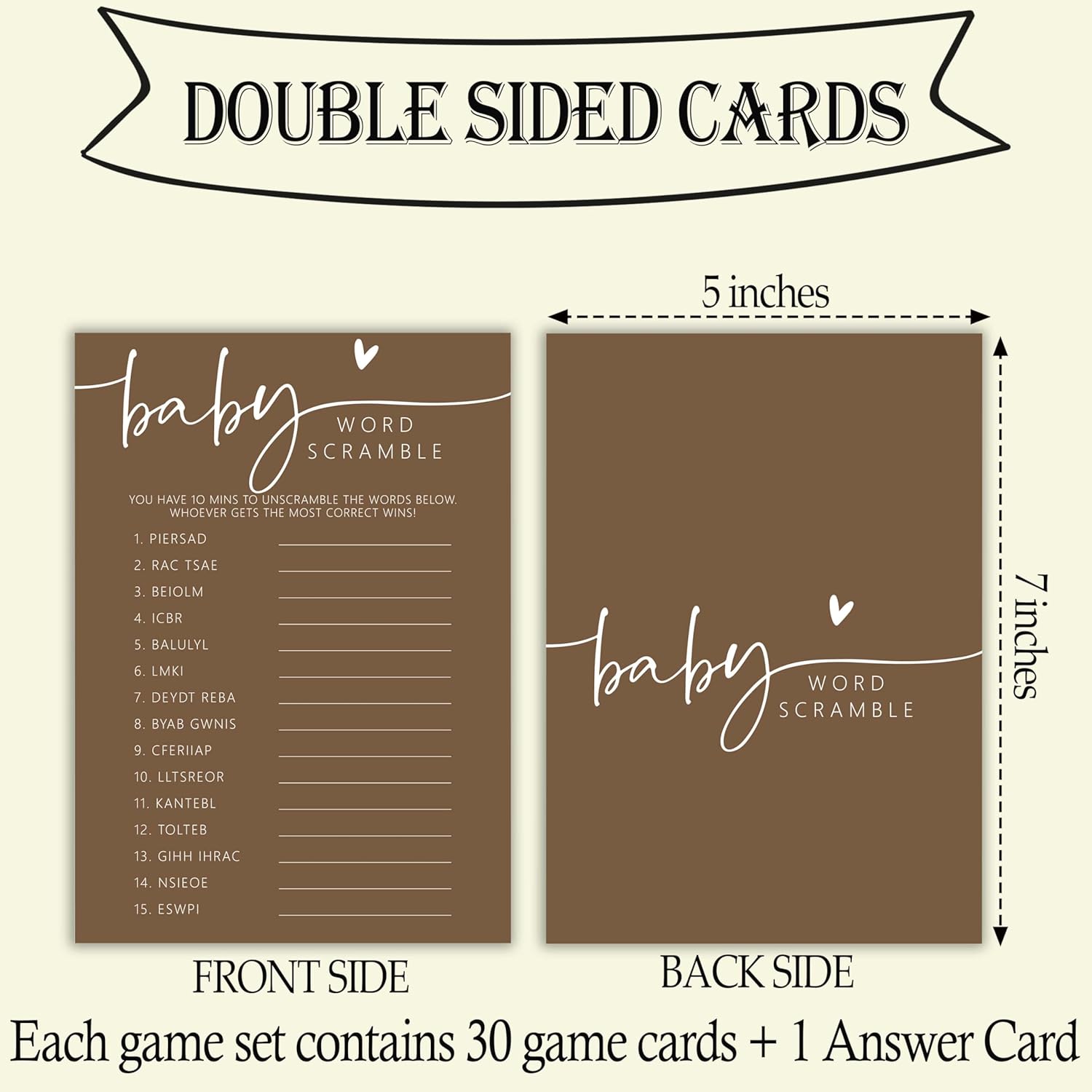 Hilarious Baby Shower Games, Baby Word Scramble, 30 Double-Sided Fill In Game Cards & 1 Answer Card For Gender Reveal Party Favor Decorations Supplies - A07